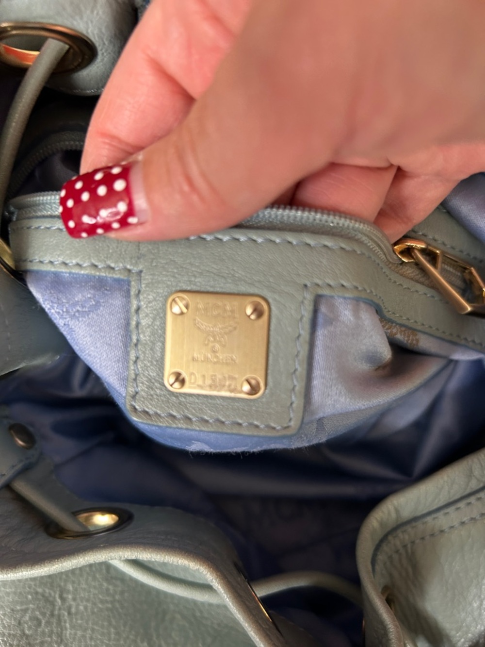 MCM Pale Blue Pebbled Leather Drawstring Hobo Bag - Picture 9 of 15